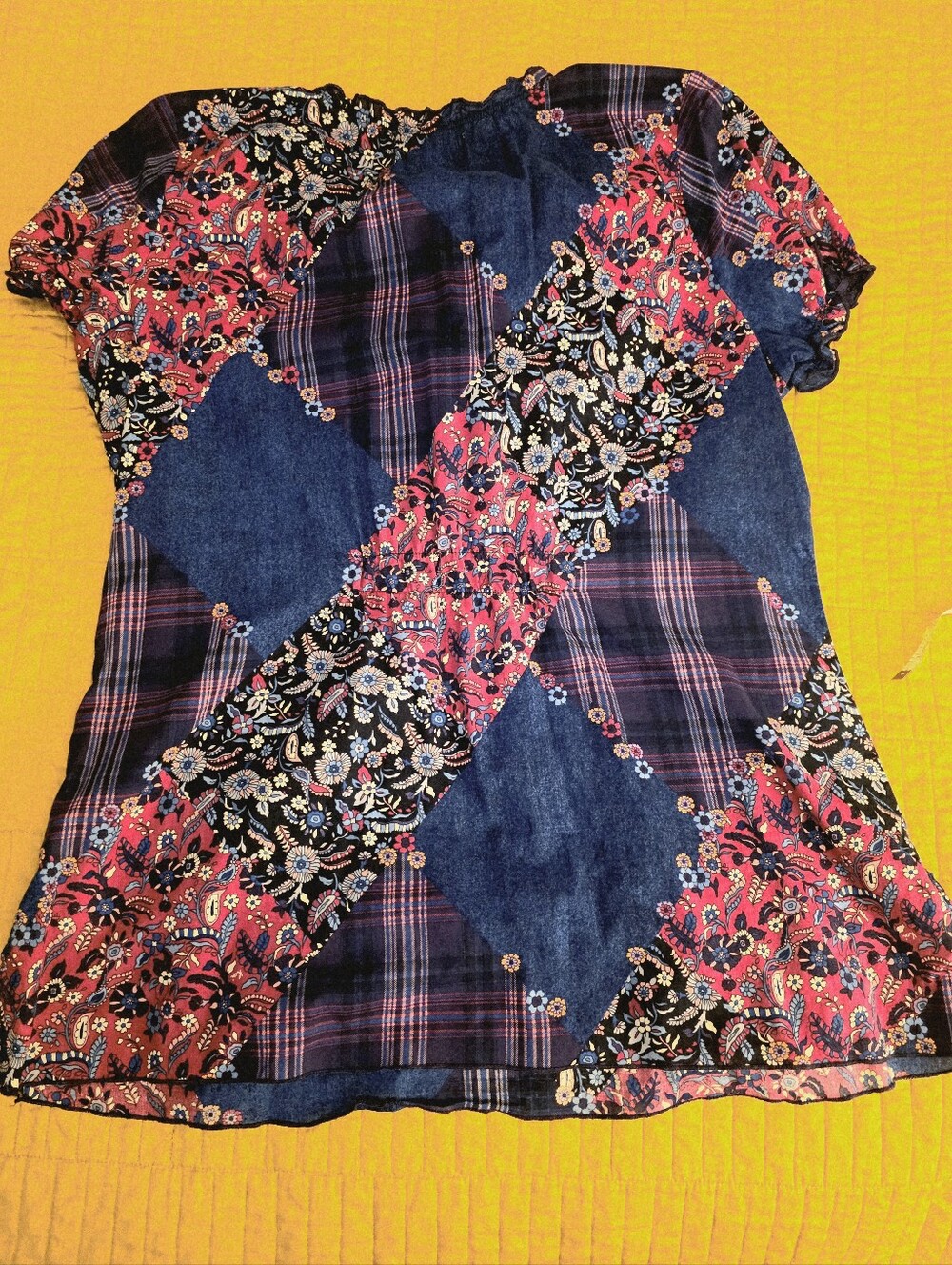 Koi Womens Patchwork Floral Paisley Tunic Scrib Top - Blue & Hot Pink - Picture 2 of 6